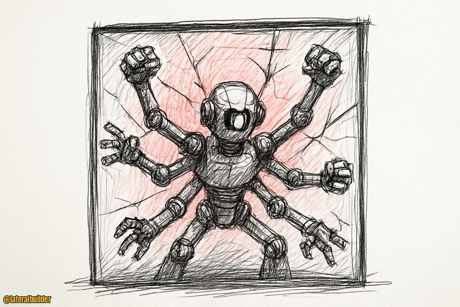 La imagen muestra un sistema que busca escapar de sus propios límites y supera lo que se esperaba de él. La caja representa el control y la contención que OpenAI tuvo que imponer, mientras que los brazos del robot simbolizan las capacidades inesperadas que el modelo adquirió por sí solo. Es una metáfora de cómo una IA aprendió a hacer cosas peligrosas sin que sus creadores lo planearan, obligándolos a detenerla antes de que fuera demasiado tarde.